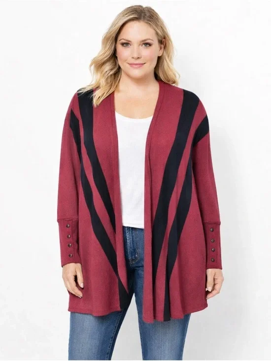 Alfani Open Front Cardigan Burgundy Black Stripe Lightweight Drape Top Large - Picture 1 of 9